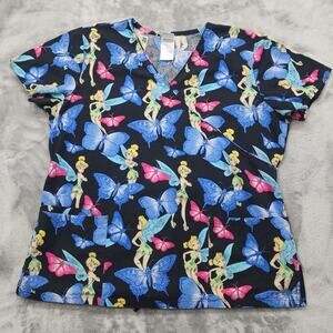 Disney Scrub Top Womens M Black Blue Pink Butterfly Tink Tinkerbell Mock Wrap